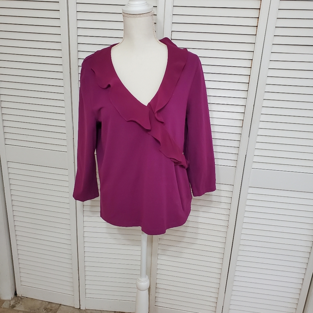 Chaps Magenta V Neck Blouse with Sheer Ruffle Trim, Size Large